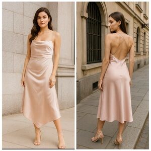 Significant Other Vienna Satin Midi Dress Blush Pink Open Back US 10